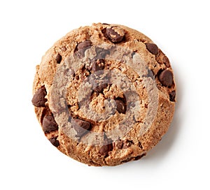 Fresh chocolate chip cookie isolated on white, from above