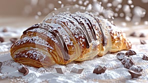 Fresh Chocolate Drizzled Croissant with Icing Sugar and Chocolate Chips on Wooden Background, Perfect for Delicious Breakfast or