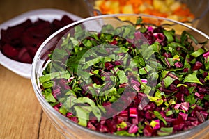 Fresh, chopped beetroot leaves arranged in a glass bowl.