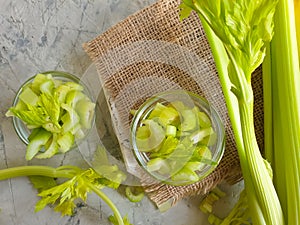 Fresh chopped celery healthy organic on wooden background ingredient