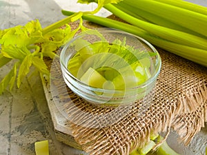 Fresh chopped celery  healthy on wooden background ingredient