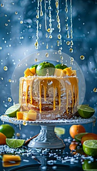 Fresh Citrus Dripping Cake with Lime and Orange on Elegant Cake Stand with Dynamic Syrup Droplets and Vibrant Blue Background