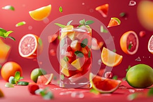 Fresh Citrus Fruit Drink in Glass with Sliced Orange, Lemon, and Mint Floating on Vibrant Red Background