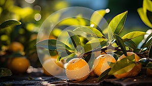 Fresh citrus fruit on a green leaf, nature healthy refreshment generated by AI