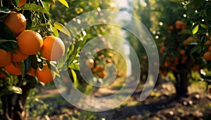 Fresh citrus fruit on a green tree branch generated by AI