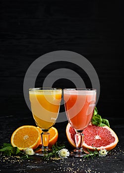 Fresh citrus fruit juice. Top view.