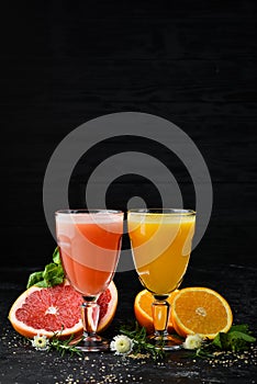 Fresh citrus fruit juice. Top view.