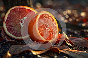Fresh Citrus Fruit on Natural Background Juicy Cut Blood Oranges Amidst Autumn Leaves