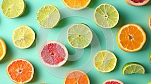 Fresh citrus fruit slices arranged on turquoise background