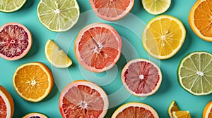 Fresh citrus fruit slices arranged on turquoise background