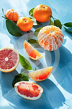 Fresh Citrus Fruits on a Blue Background With Highlighted Grapefruit