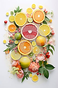 Fresh citrus fruits decoratively grouped with leaves and flowers on a light background. Generative AI