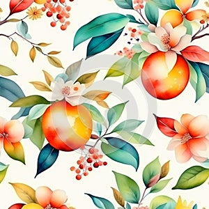 Fresh citrus fruits with leaves and flowers. Watercolor citrus, orange whole and slices in watercolor style