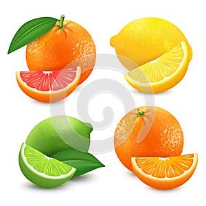 Fresh citrus fruits set. Orange grapefruit lemon lime isolated vector illustration. 3d realistic vector