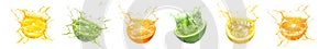 Fresh citrus fruits with splashing juice on white background, set