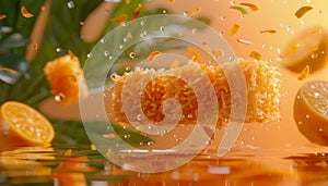 Fresh Citrus Fruits Splashing in Water with Green Leaves on Vibrant Orange Background