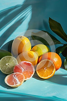Fresh Citrus Fruits on Vibrant Blue Background with Natural Shadows