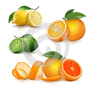 Fresh citrus fruits whole and halves.