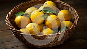 Fresh citrus fruits in a wicker basket on a rustic table generated by AI