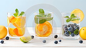 Fresh Citrus Infused Water in Clear Glasses, Healthy Drink Concept with Blueberries and Mint. Summer Refreshment on a