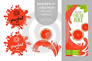 Fresh citrus juice pack with Organic labels tags and green leaves.