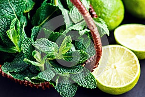 Fresh citrus lime and mint closeup on dark background