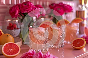 Fresh Citrus Refreshments with Garnished Grapefruit Slices and Vibrant Pink Roses on Elegant Setting