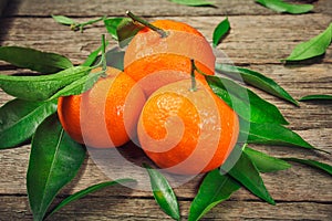 Fresh Clementine or Mandarin orange with leaves on wooden background