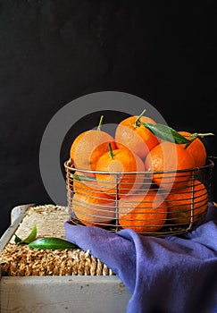 Fresh clementines, in a metellic basket on black background