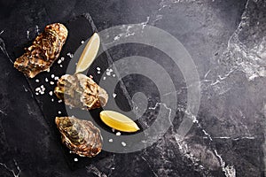 Fresh closed oysters with lemon on slate plate