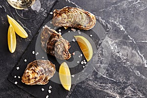 Fresh closed oysters with lemon on slate plate