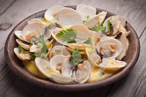 Fresh Cockle clams (Venus, Meretrix) with wine sauce. Portuguese