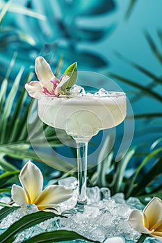 Fresh Cocktail With Flower Garnish on Ice