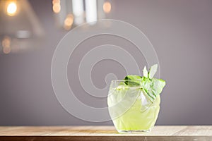 Fresh Cocktail with Lime and Basil Leaves, Horizontal View, Free Space for Text