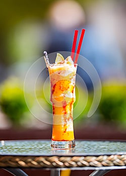 Fresh cocktail with orange, limet, mint and ice. Alcoholic, non-alcoholic drink-beverage