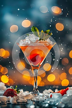 Fresh Cocktail With Strawberry Garnish and Ice