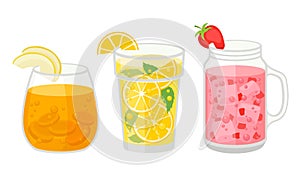 Fresh Cocktails with Ice Cubes and Sliced Fruits and Berries in Glass and Jar Vector Set
