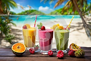 Fresh cocktails on the table on a summer sunny beach