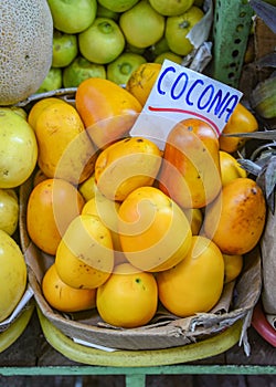 Fresh Cocona, an Amazonian fruit, on sale in Lima`s central market. Lima, Peru