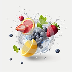 Fresh coconut blueberry strawberry lemon splash in water generative AI