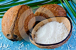 Fresh coconut and coconut chips. Preparation of desiccated coconut at home, the use and application of coconut