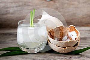 Fresh coconut juice in a glass with coconut white meat isolated on white