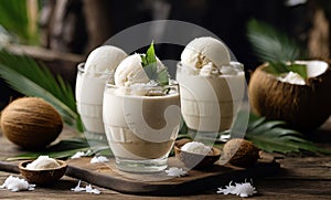 Fresh coconut milk ice cream in a glass, ice cream made from coconut. Gen ai
