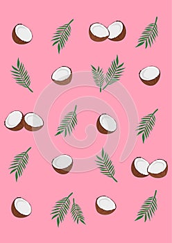 Fresh coconut and palm leaves pattern  on pink background