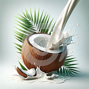 Fresh coconut with a splash of milk against palm leaves AI generation