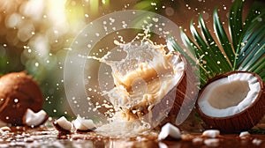 Fresh Coconut Splits Open Spilling Milk With Tropical Leaves in the Background