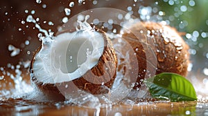 Fresh Coconut Splits Open Spilling Milk With Tropical Leaves in the Background