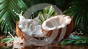 Fresh Coconut Splits Open Spilling Milk With Tropical Leaves in the Background