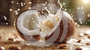 Fresh Coconut Splits Open Spilling Milk With Tropical Leaves in the Background