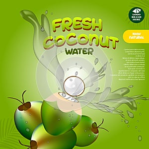 Fresh coconut water ads template. Vector illustration of fresh coconuts
